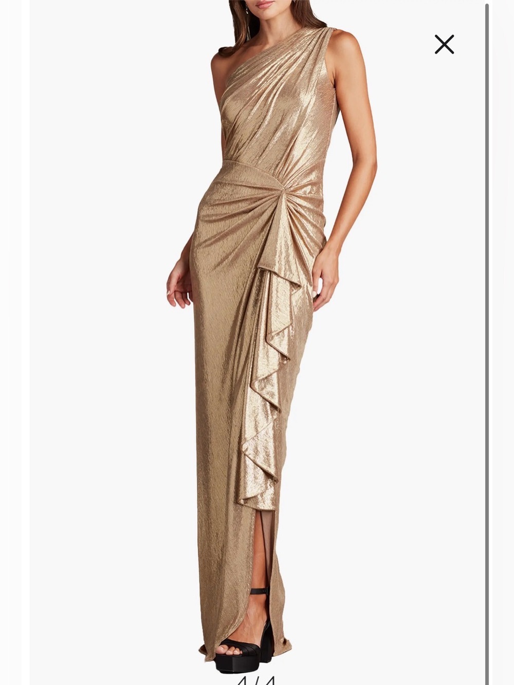NWOT- Tadashi Shoji Foil Ruffle One-Shoulder Gown, Gold Dust, size Medium - Picture 4 of 12